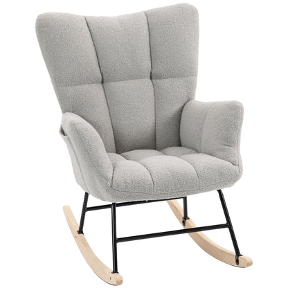 HOMCOM Rocking Chair, Teddy Fleece Rocker Chair with Tufted Wingback, Side Pockets, Rubber Wood Legs, Light Grey