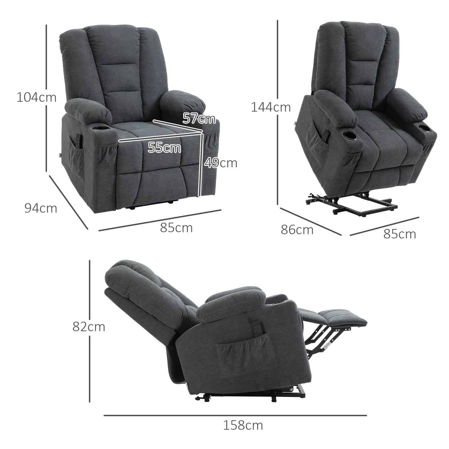 HOMCOM Electric Riser Recliner Armchair， Oversized Chair with Cup Holder & Side Pockets for Elderly in Living Room, Charcoal Grey