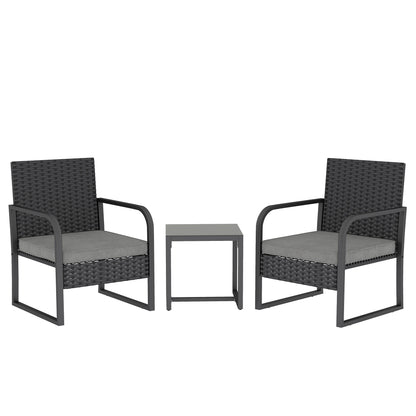 Outsunny Rattan Bistro Set, 3 Piece Garden Furniture Set with Cushions and Glass Top Table, Black