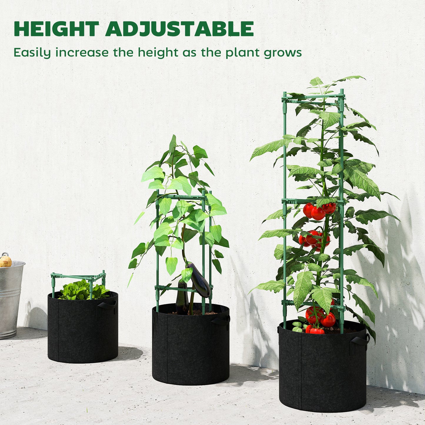 Outsunny 3 Packs Tomato Cages with 83.7L Grow Bags, 120cm Adjutstable Triangle Plant Stakes Support Trellis with Planter Bags