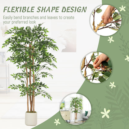 HOMCOM 180cm Artificial Ficus Tree, Fake Potted Tree with Solid Wood Trunk and Pot for Indoor, Green