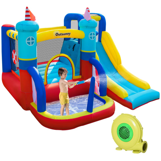 Outsunny Kids Bouncy Castle, 4 in 1 Large Sailboat Style Inflatable House Slide Trampoline Water Pool Climbing Wall with Blower Carrybag for Kids Age 3-8, 2.65 x 2.6 x 2m