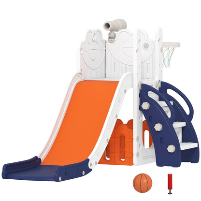 AIYAPLAY 5 in 1 Kids Slide Set with Basketball Hoop, Climbing Frame, Telescope, Storage Box for Toddlers Ages 1-3, Orange