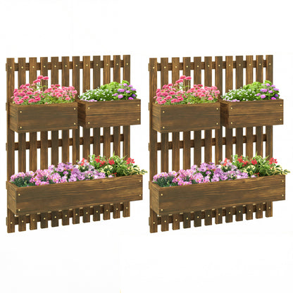 Outsunny Set of 2 Wall-mounted Wooden Garden Planters with Trellis, Drainage Holes and Movable Planter Boxes, Wall Raised Garden Bed for Patio, Carbonised