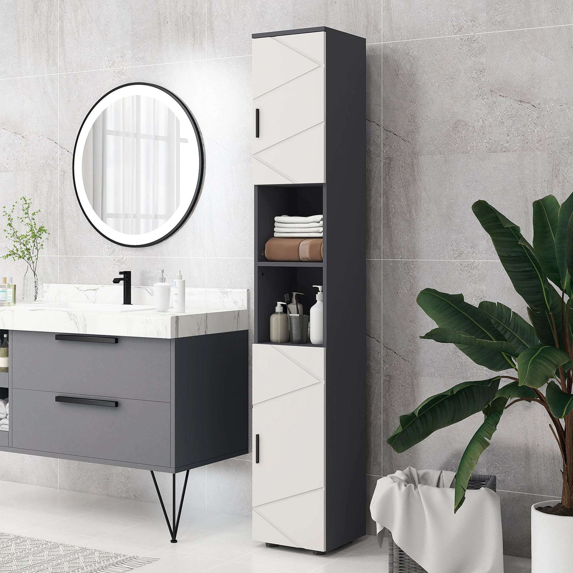kleankin Line Embossed Tall Bathroom Storage Cabinet with Three-position Adjustable Shelves for Minimalist Style - Grey