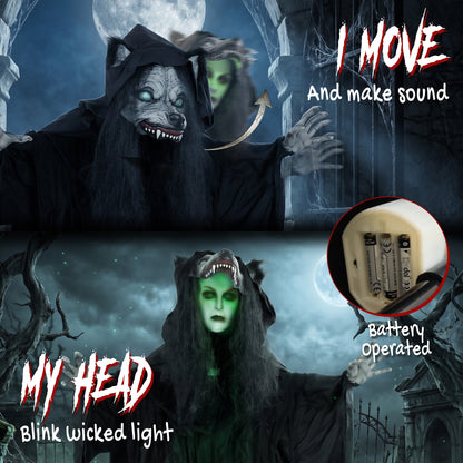 HOMCOM 67"/170cm Life Size Animated Ghost with Werewolf Mask, Halloween Decorations Outdoor Indoor, Scary Halloween Animatronic
