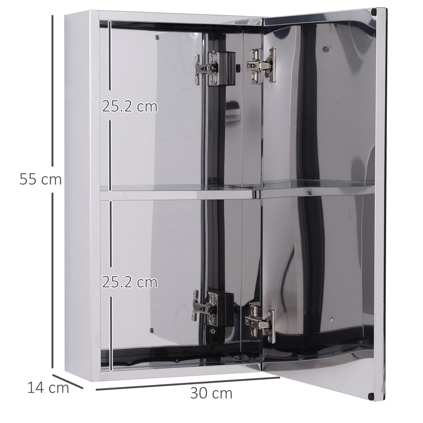 HOMCOM Stainless Steel Bathroom Mirror Cabinet, Wall Mounted Bathroom Cabinet with Mirror for Small Cloakroom Compact Space, 30 x 14 x 55 cm