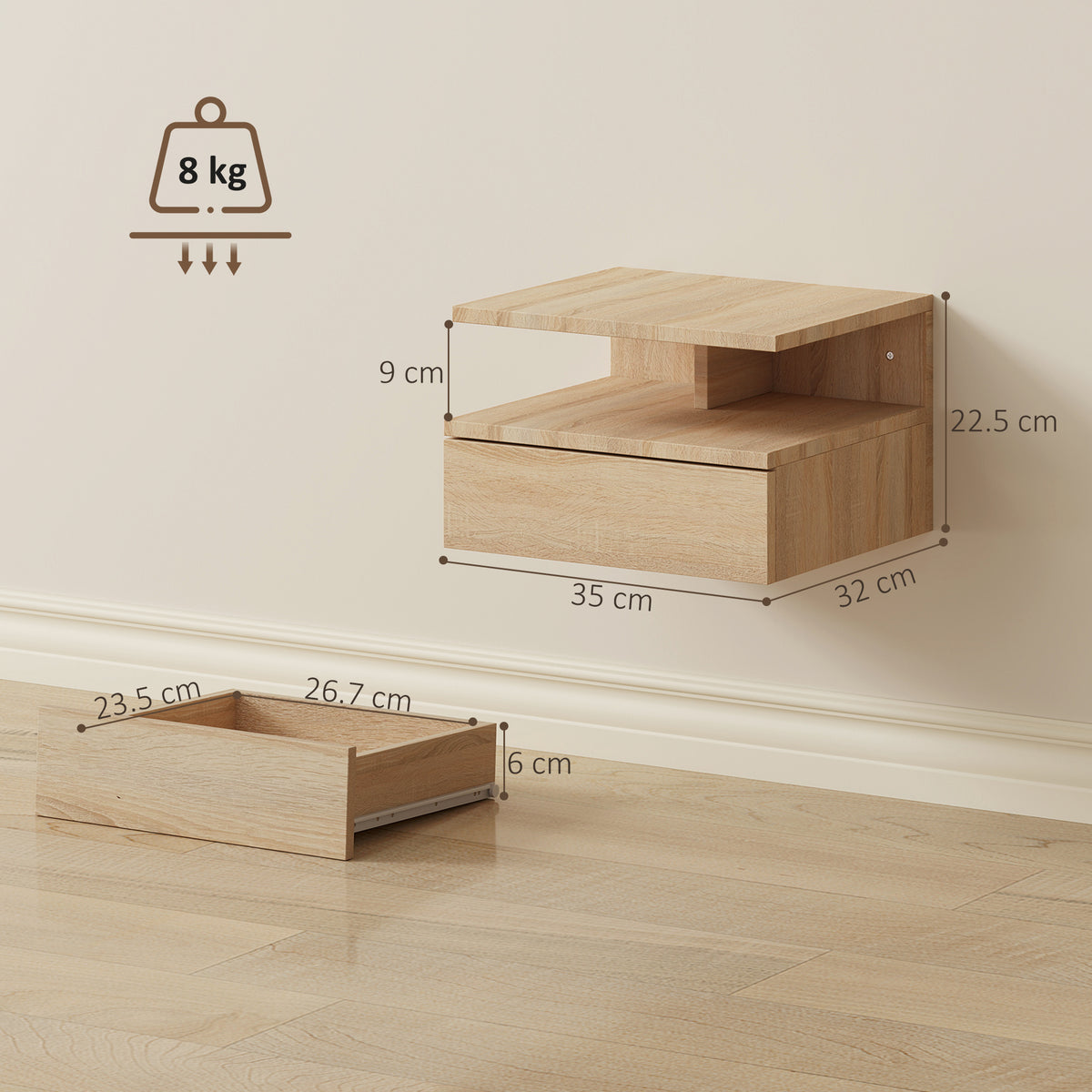 HOMCOM Set of Two Floating Bedside Tables - Oak Tone