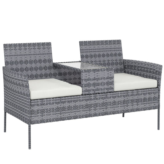 Outsunny Two-Seat Rattan Chair, with Middle Table - Grey