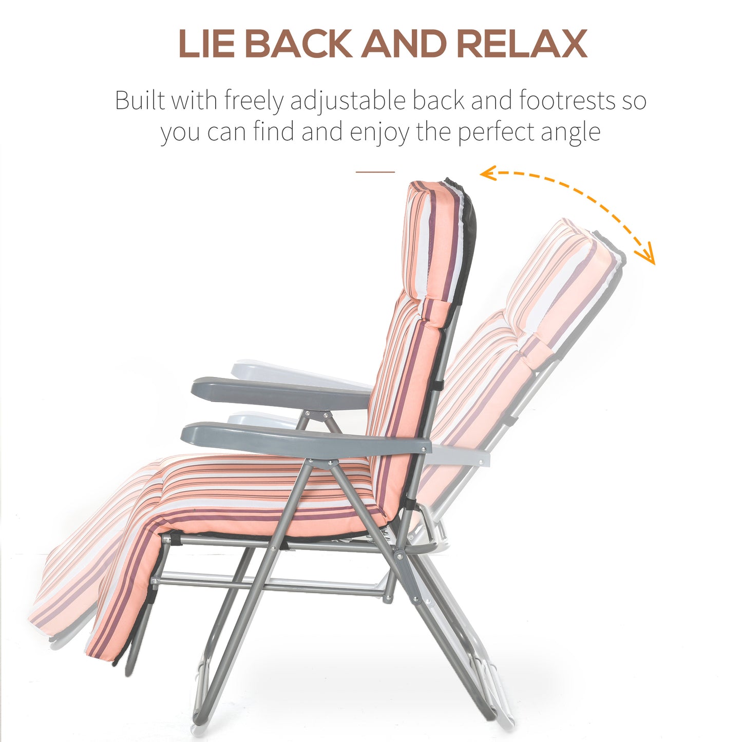 Outsunny Reclining Garden Chair Set of 2, 5-Level Adjustable Zero Gravity Chairs with Cushions, Folding Sun Lounger Garden Recliner Chairs with Armrests for Outdoor, Patio, Orange Stripe