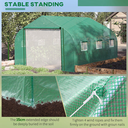 Outsunny Walk-in Polytunnel Garden Greenhouse, Outdoor Mesh Door Greenhouse with PE Cover and 6 Windows, 3.5 x 3 x 2m, Green