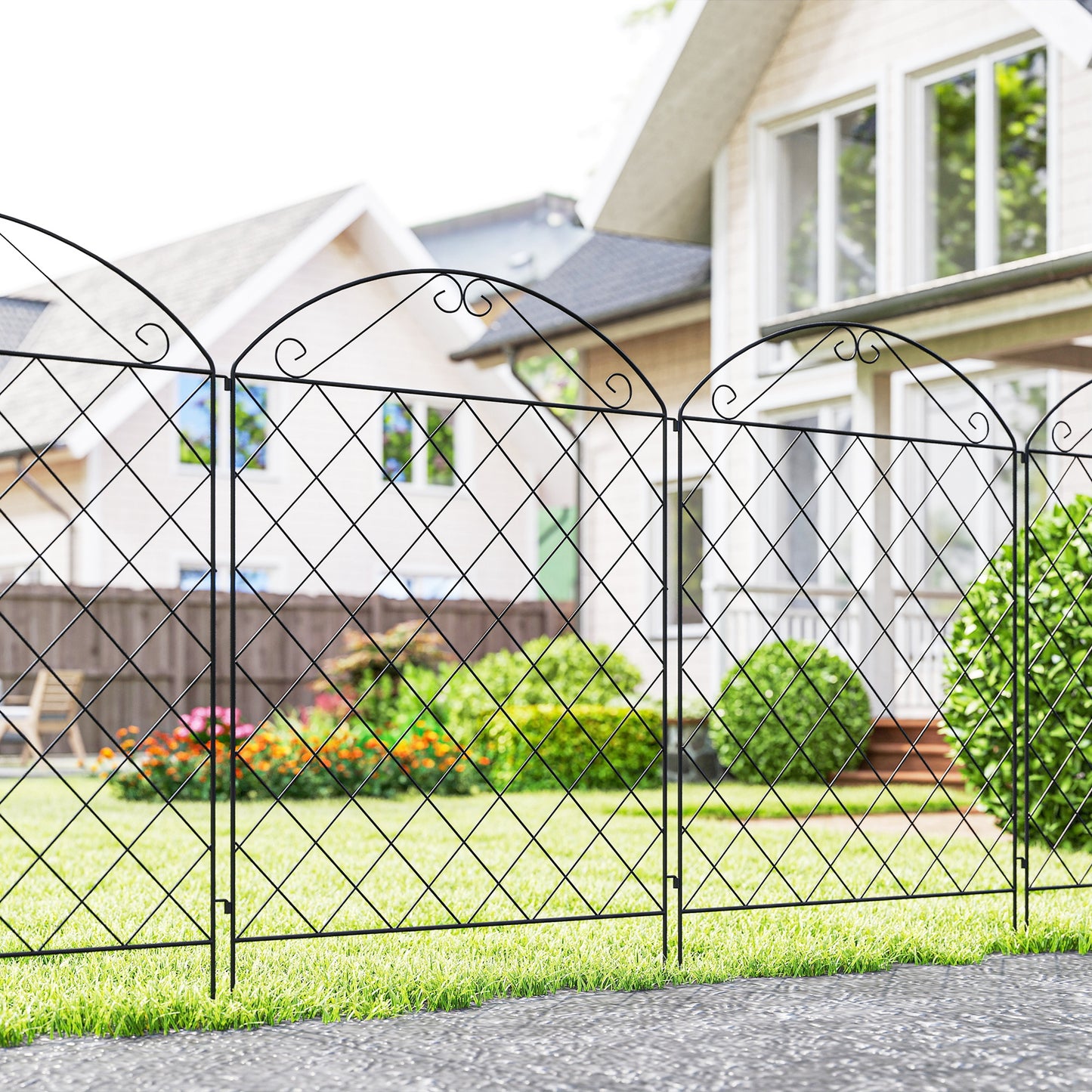 Outsunny 43in x 11.5ft Decorative Garden Fencing,  4PCs Rustproof Metal Wire Outdoor Picket Fence Panels, Black
