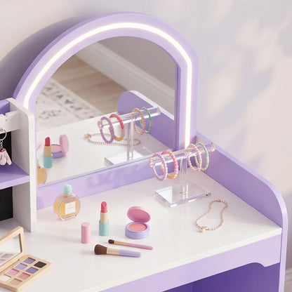 AIYAPLAY Kids Vanity Set, Girls Dressing Table with Stool, 2-Colour Lights Mirror, Pretend Dresser Gift for Ages 3-8, Purple