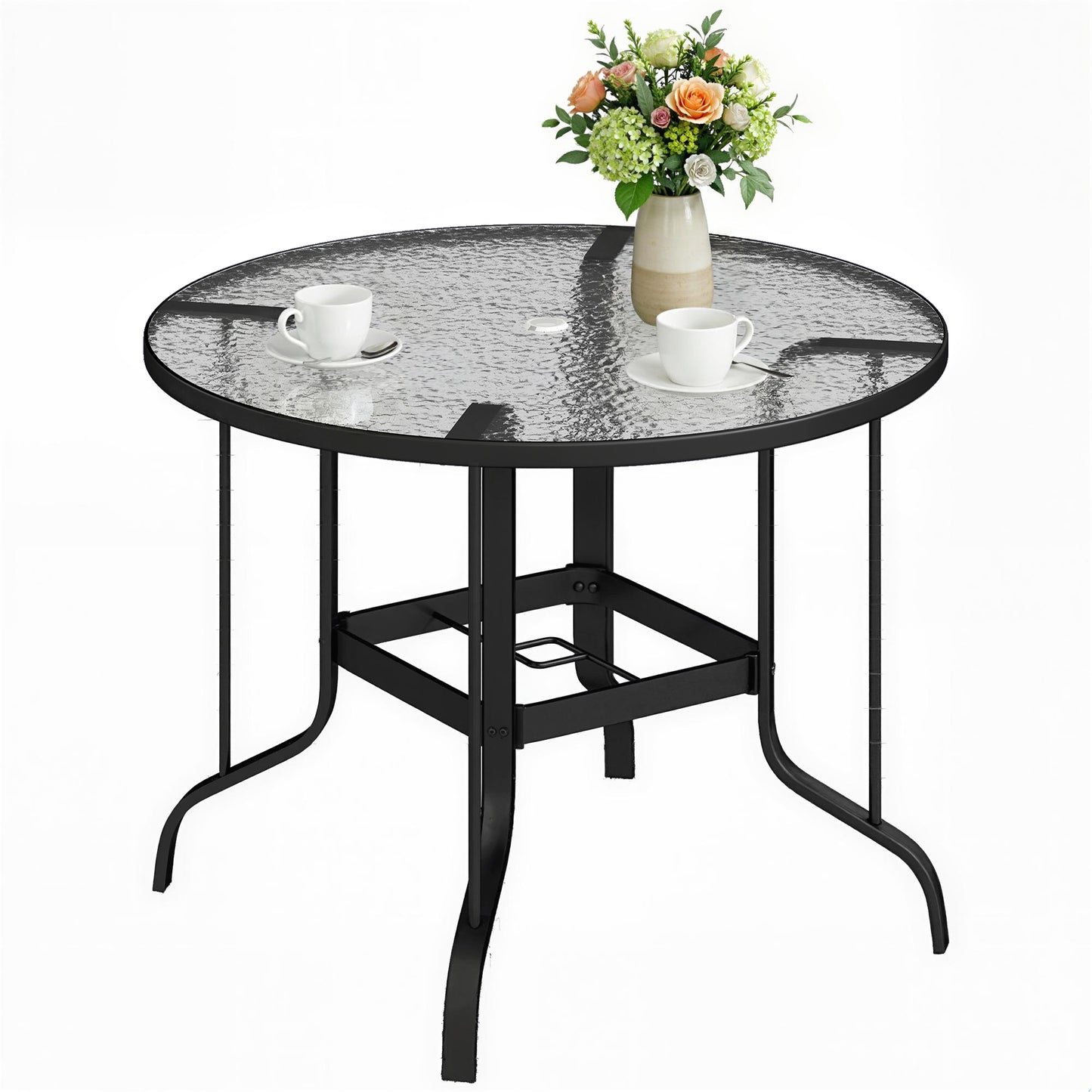 Outsunny Tempered Glass Top Round Outdoor Dining Table with Parasol Hole, 96.5 x 96.5 x 71 cm