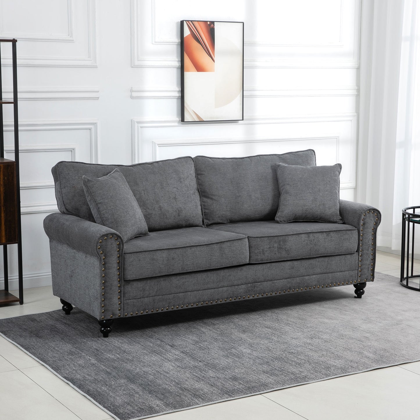HOMCOM 196cm 3 Seater Sofa, Fabric Sofa with Rubber Wood Legs, Nailhead Trim, 2 Pillows, Small Upholstered Couch Settee for Living Room, Guest Room, Grey--ChewyGames-ChewyGames