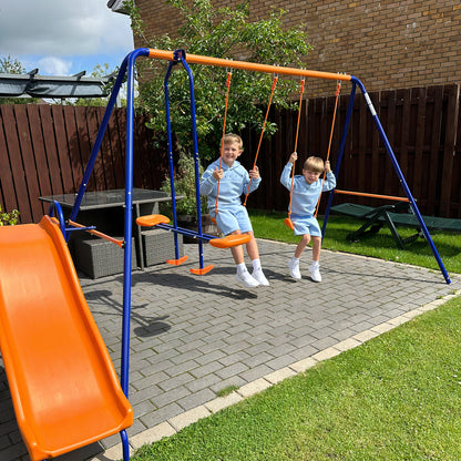 Outsunny Four-In-One Metal Garden Swing Set, with Double Swings, Glider, Slider, Ladder - Orange and Blue