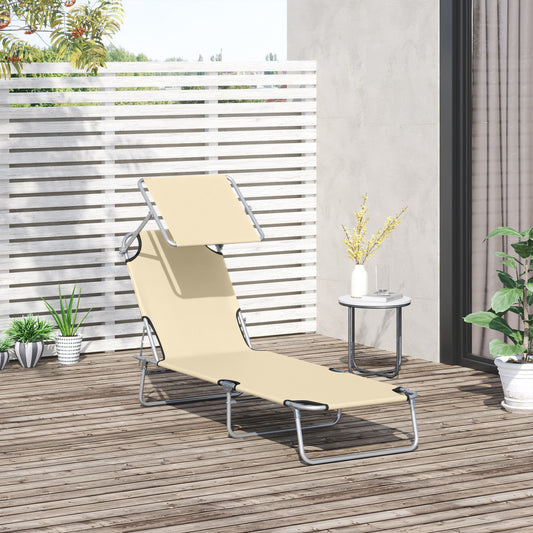 Outsunny Folding Sun Lounger with Canopy, Reclining Sunbed with 4-Position Adjustable Backrest, 600D Oxford Cloth, Portable Garden Lounger Recliner Chair for Beach, Camping, Patio, Beige