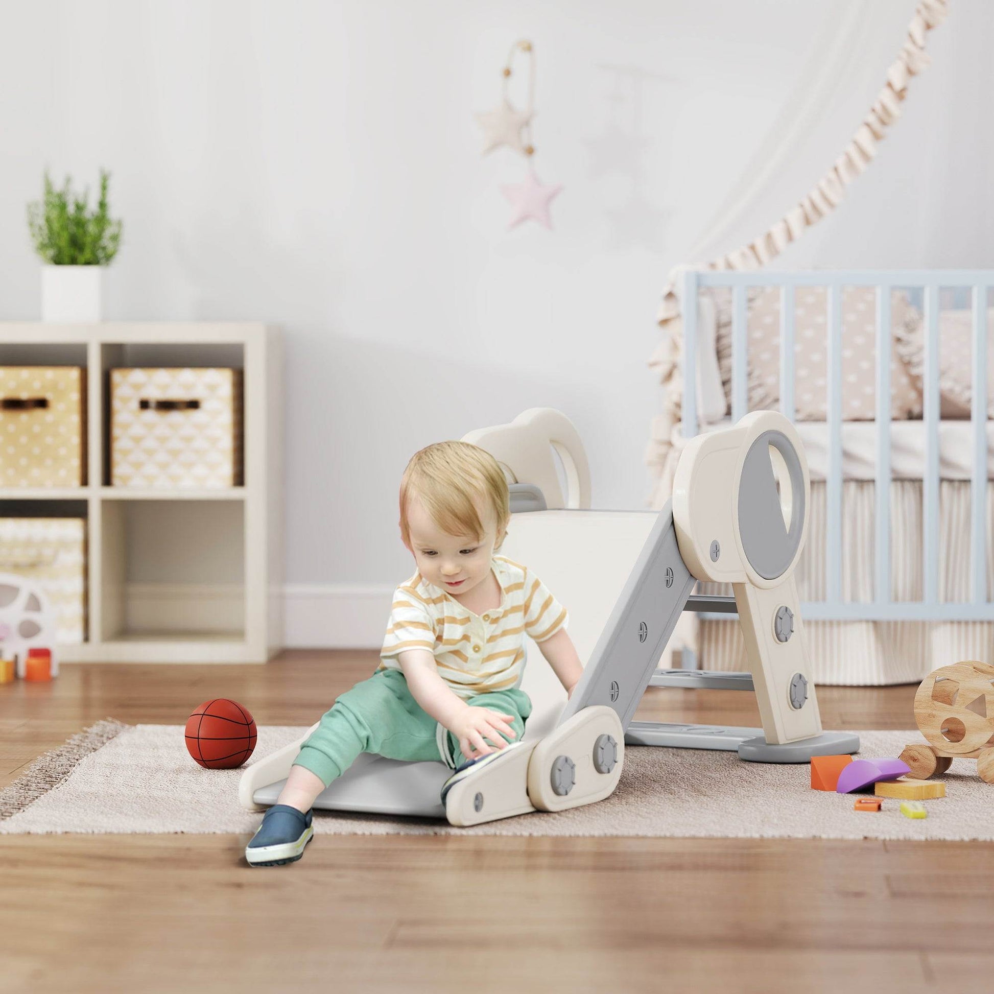 AIYAPLAY Foldable Kids Slide, Freestanding Baby Slide, for Ages 1.5-3 Years, Grey & Beige