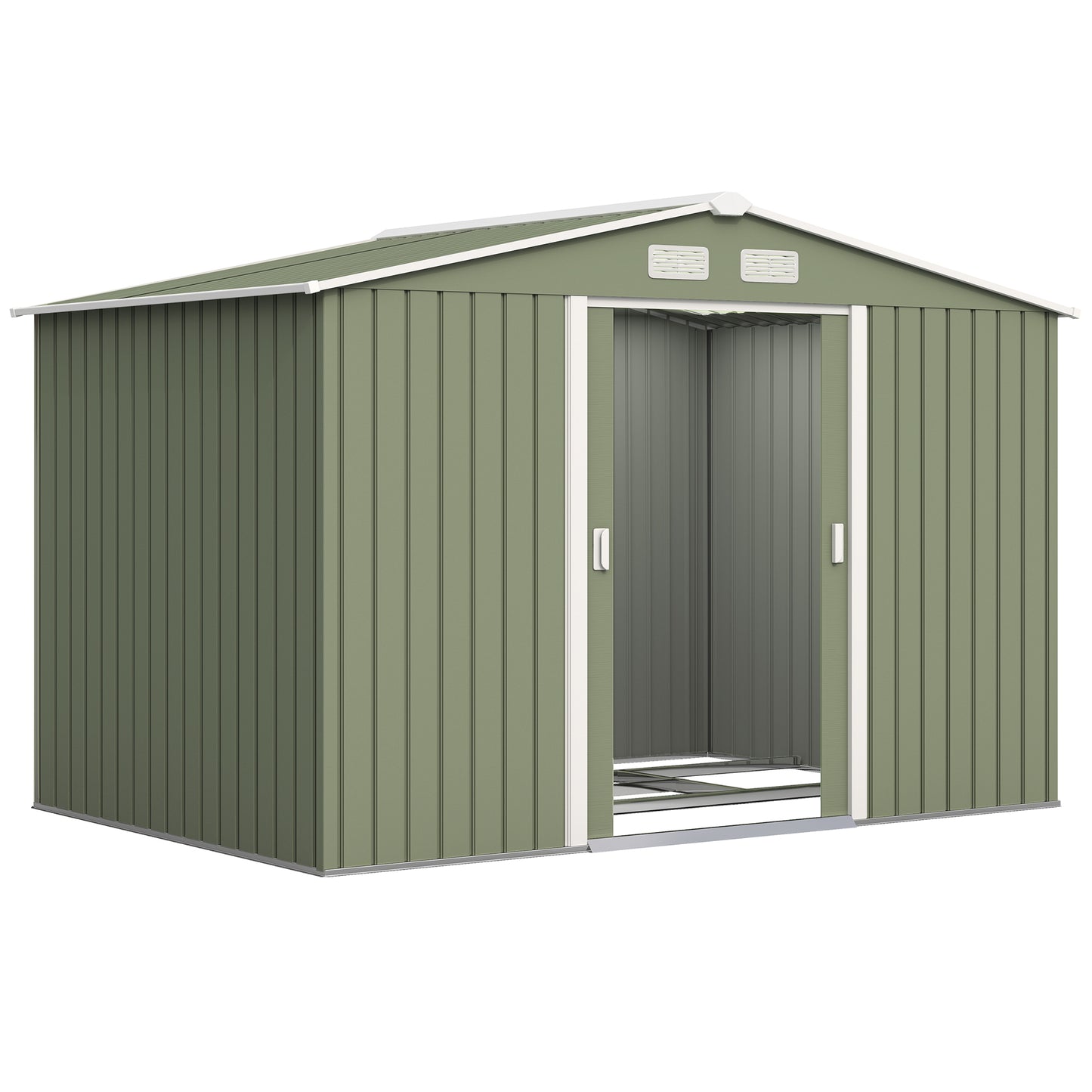 Outsunny 9 x 6ft Metal Garden Shed, Waterproof Outdoor Bike Storage Shed Galvanised with Vents, Foundation Kit, Apex Roof and Lockable Double Doors for Patio Lawn, Light Green