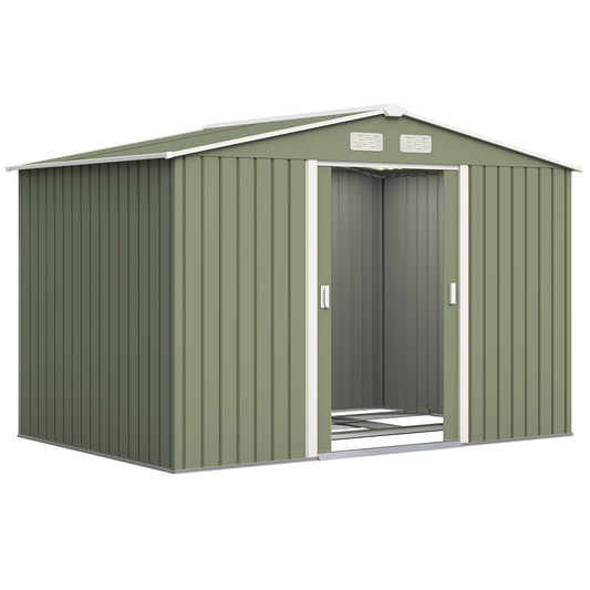 Outsunny 9 x 6ft Metal Garden Shed, Waterproof Outdoor Bike Storage Shed Galvanised with Vents, Foundation Kit, Apex Roof and Lockable Double Doors for Patio Lawn, Light Green