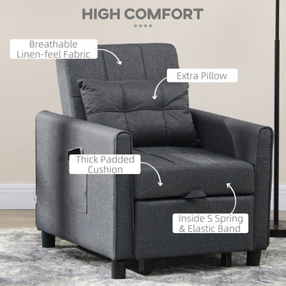 HOMCOM 3-In-1 Linen-Look Single Chair Bed with Adjustable Back & Eucalyptus Wood Sofa Frame - Grey