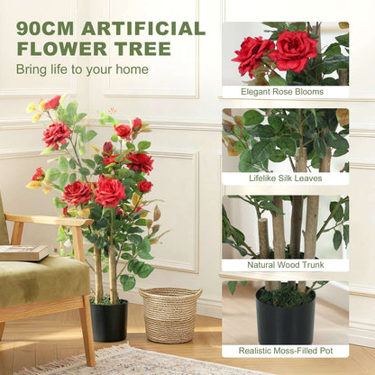 HOMCOM 90cm Artificial Rose Tree, Decorative Fake Plant with 344 Silk Leaves 17 Flowers for Outdoor Indoor Decor, Red