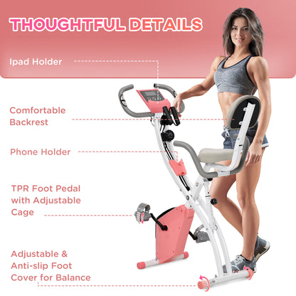 HOMCOM 2-in-1 Folding Exercise Bike with 8-Level Magnetic Resistance, Arm Resistance Band, Pulse Sensor, Pink