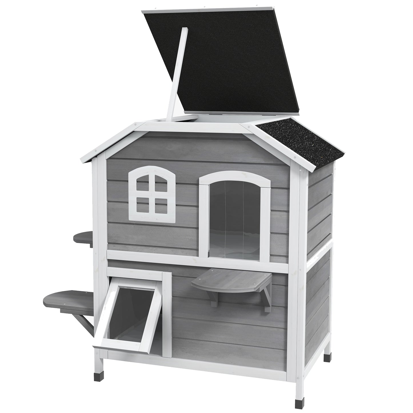 PawHut 2-story Cat House Outdoor, Weatherproof Wooden Cat Enclosure with Escape Door, Openable Roof, Jumping Platforms, Grey
