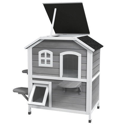 PawHut 2-story Cat House Outdoor, Weatherproof Wooden Cat Enclosure with Escape Door, Openable Roof, Jumping Platforms, Grey