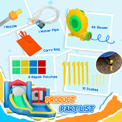 AIYAPLAY Inflatable Bouncy Castle with 550W Blower, Basketball Hoop, Long Slide, Dart Board, Carrying Bag, 385 x 290 x 180 cm