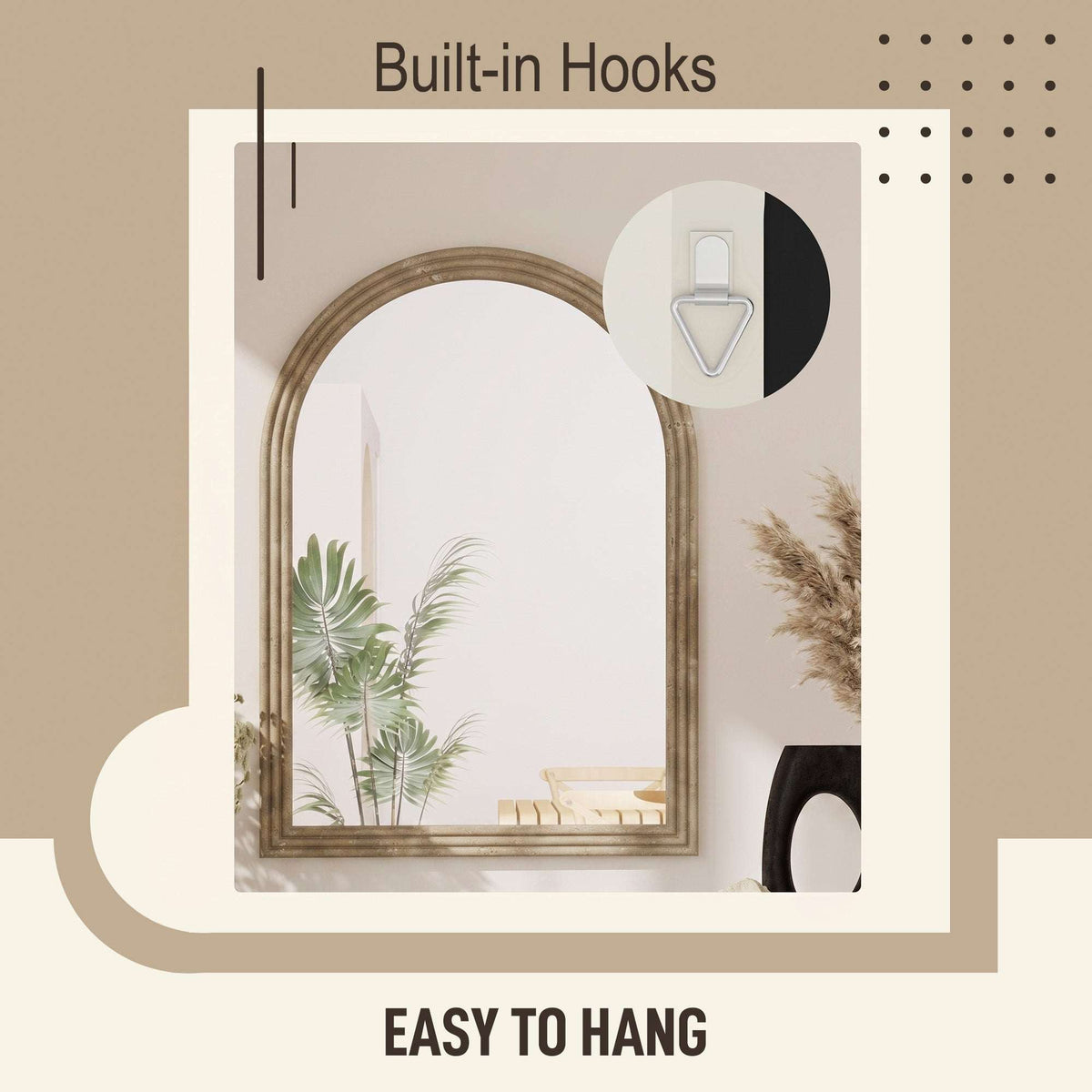 HOMCOM Modern Wall-Mounted Mirror, Arched Wall Mirror with Grooved Edge for Living Room, Entryway, Hallway, Brown