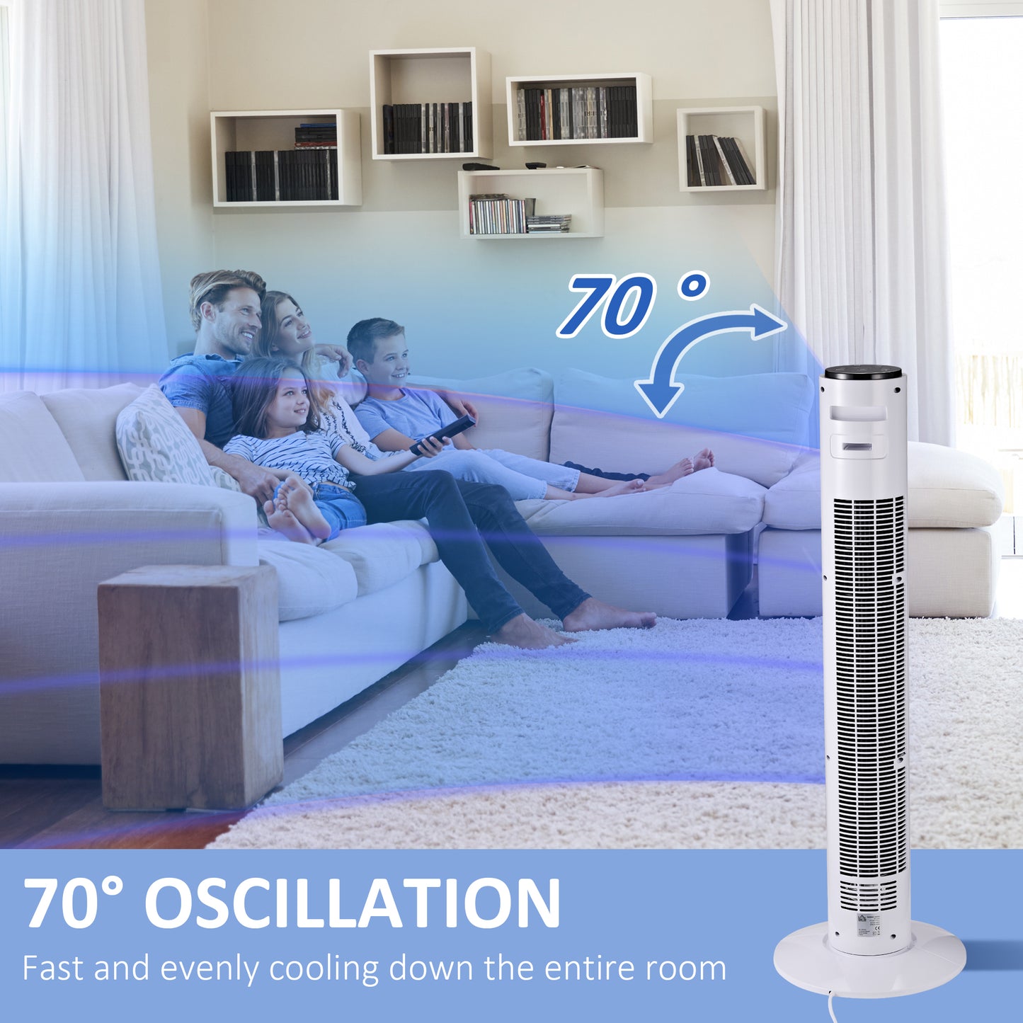 HOMCOM 38'' Freestanding Tower Fan, 3 Speed 3 Mode, 12h Timer, 70 Degree Oscillation, LED Panel, 5M Remote Controller, White--ChewyGames-ChewyGames