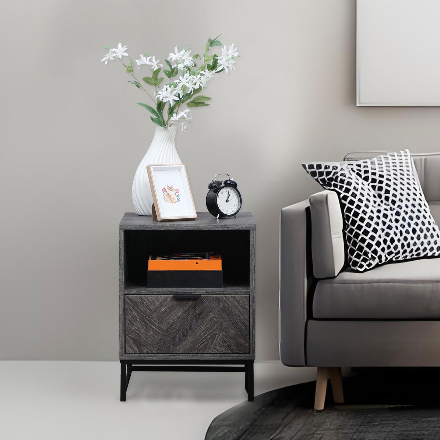 HOMCOM Bedside Table with Drawer and Shelf, Side End Table with Steel Legs for Living Room, Bedroom, Dark Grey