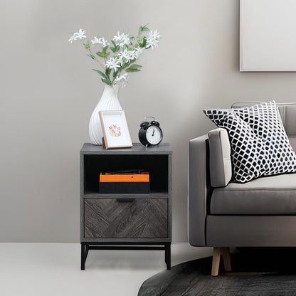 HOMCOM Bedside Table with Drawer and Shelf, Side End Table with Steel Legs for Living Room, Bedroom, Dark Grey