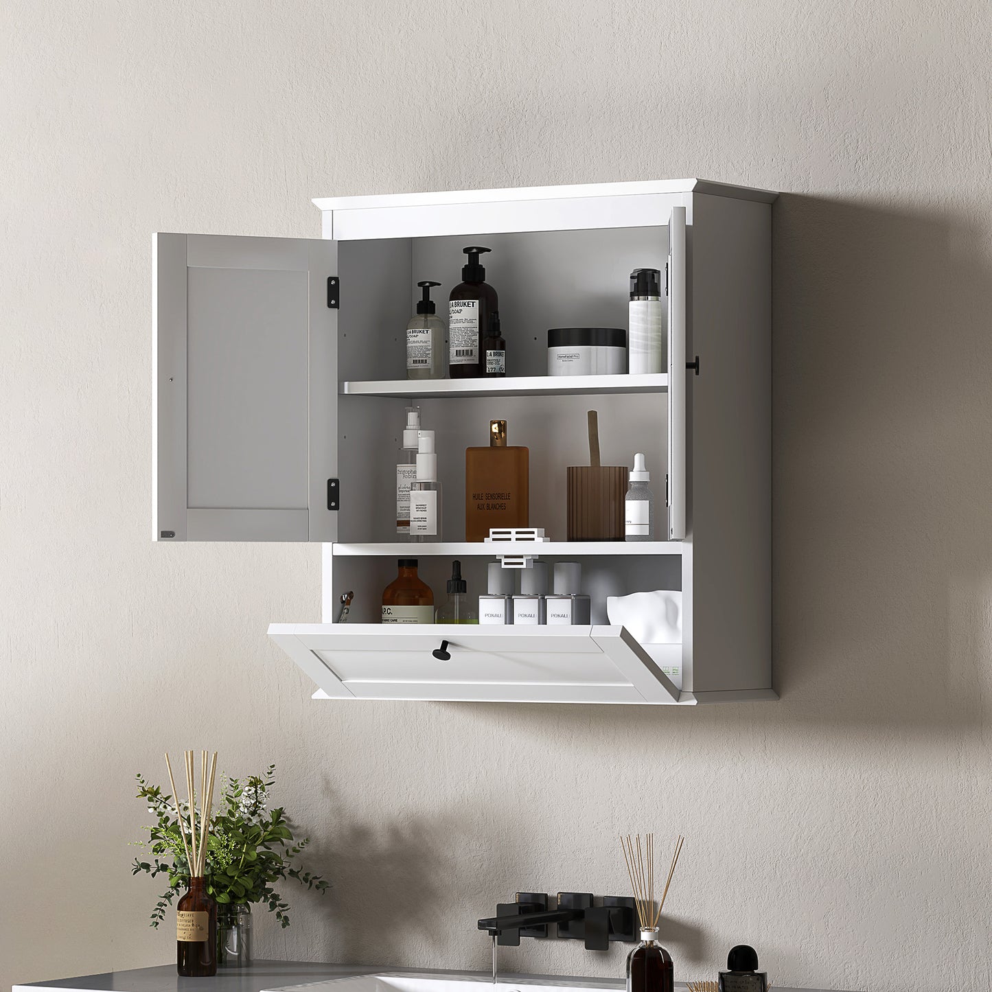 HOMCOM Bathroom Wall Cabinet with Adjustable Shelf and Recessed Doors, White