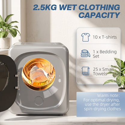 HOMCOM 2.5kg Vented Tumble Dryer with Smart Mode, 800W Compact Tumble Dryer with Stainless Steel Tub, Silver Tone