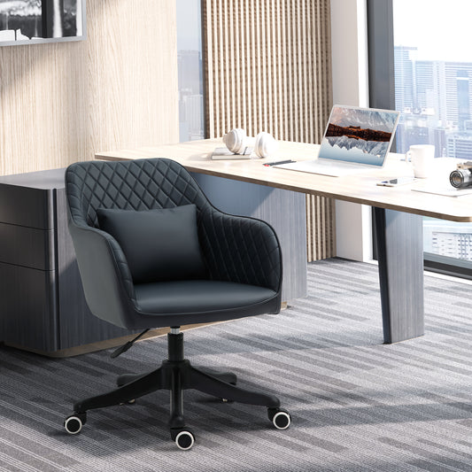 Vinsetto PU Leather Office Chair, Desk Chair, Makeup Vanity Chair with Massage Lumbar Pillow and Rolling Wheels for Bedroom and Home, Deep Blue