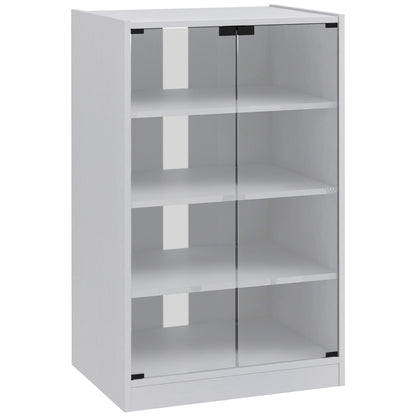 HOMCOM 4-Tier Hi-Fi Stand,  Record Player Stand with Adjustable Shelves and Push-to-Open Glass Doors, White Wood-Effect