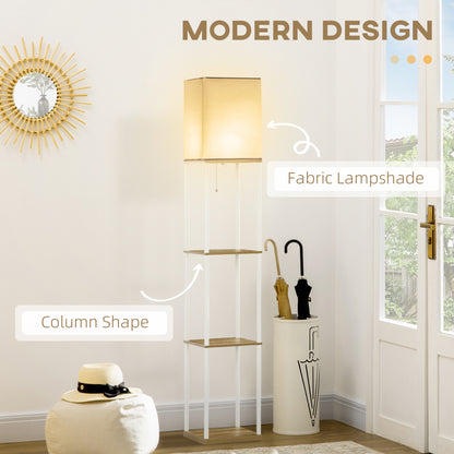 HOMCOM Modern Metal Floor Lamp with Shelves, 3 Layer Shelf Tall Standing Lamp with Fabric Lampshade, Pull Chain Switch for Living Room, Bedroom, Bulb not Included, White
