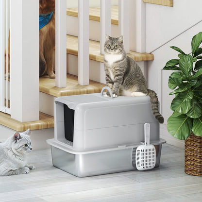 PawHut Stainless Steel Cat Litter Box with Removable Lid, Scoop, Filter Bags, for Larger Cats, Grey