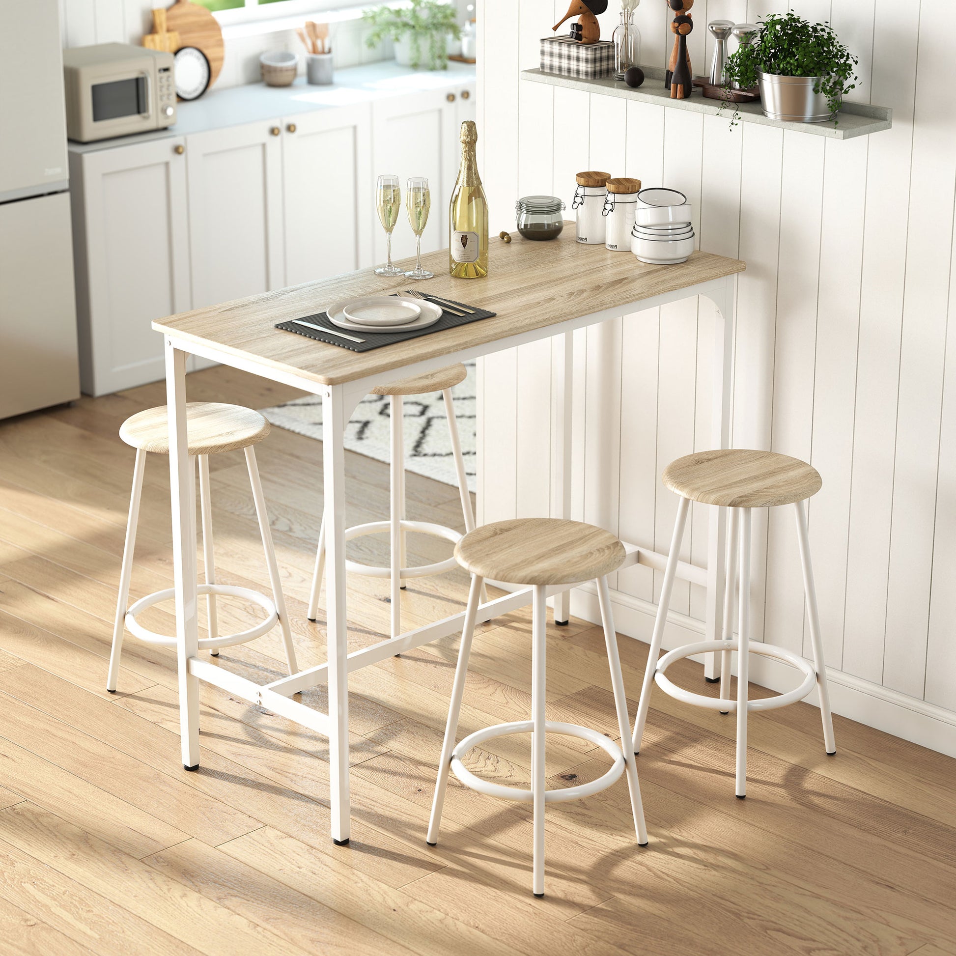 HOMCOM 5 Piece Bar Table Set for 4 with Stools, Metal Frame, Footrest for Kitchen Natural Wood--ChewyGames-ChewyGames