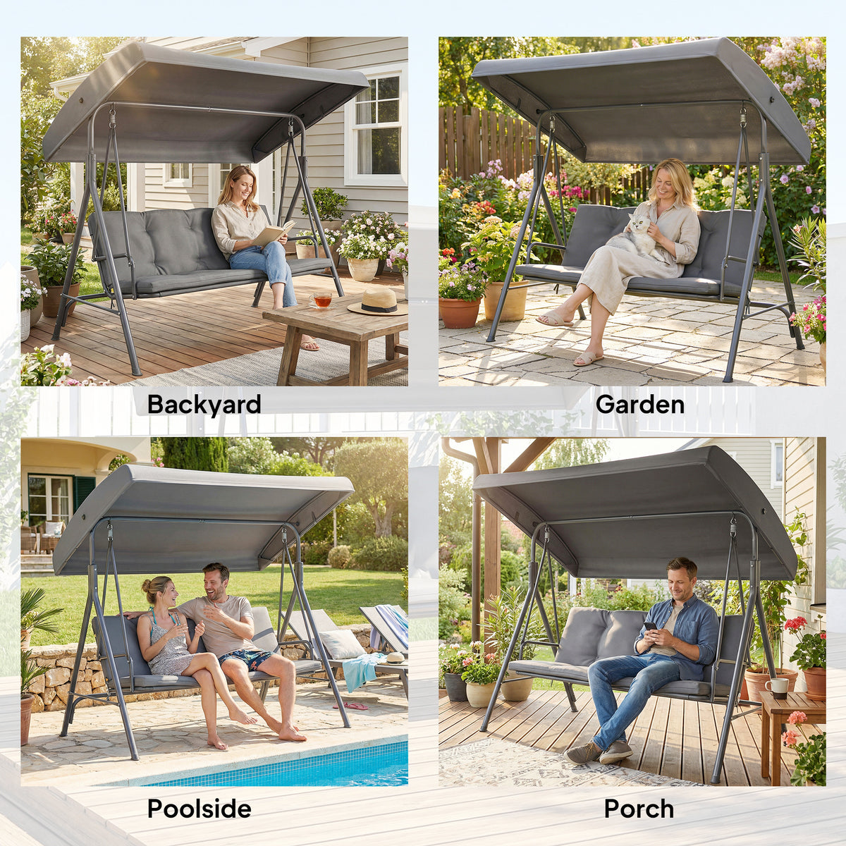 Outsunny 3 Seater Garden Swing Chair, Patio Rocking Bench with Tilting Canopy, Removable Cushion and Steel Frame, Dark Grey