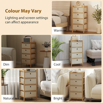 HOMCOM Chest of Drawers, 4 Fabric Drawers Narrow Dresser with Bamboo Frame, Cream White