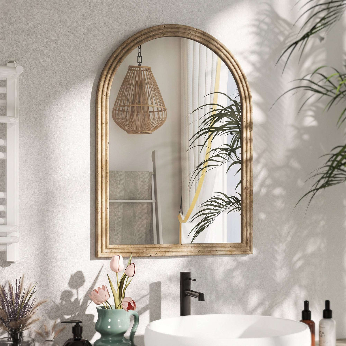 HOMCOM Modern Wall-Mounted Mirror, Arched Wall Mirror with Grooved Edge for Living Room, Entryway, Hallway, Brown