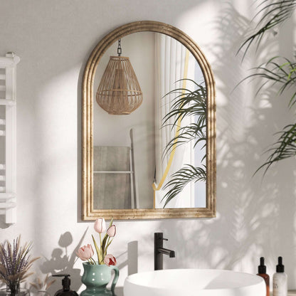 HOMCOM Modern Wall-Mounted Mirror, Arched Wall Mirror with Grooved Edge for Living Room, Entryway, Hallway, Brown