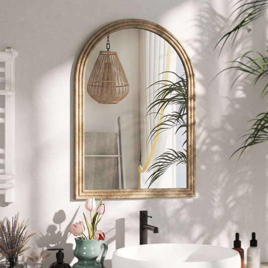 HOMCOM Modern Wall-Mounted Mirror, Arched Wall Mirror with Grooved Edge for Living Room, Entryway, Hallway, Brown