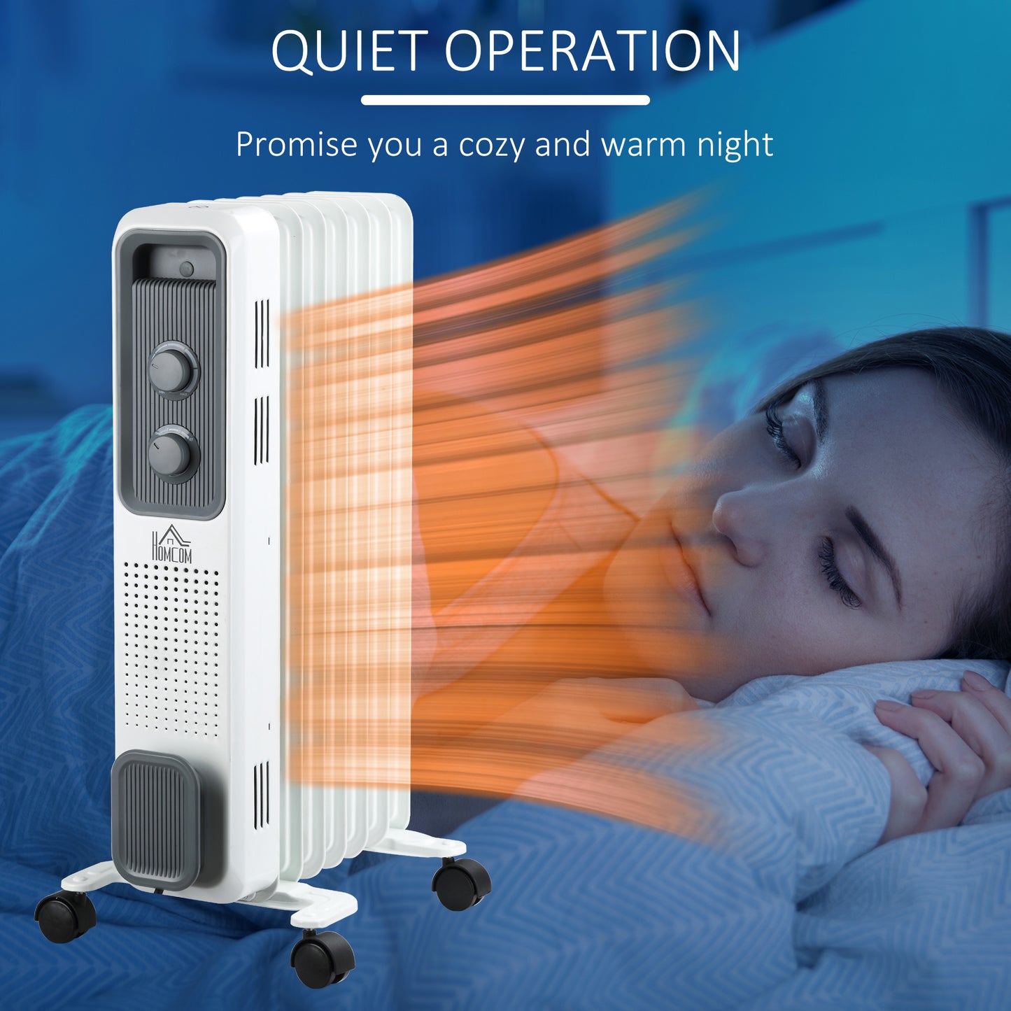 HOMCOM 1500W Oil Filled Radiator, Portable Electric Heater with 3 Heat Settings, Safety Cut-Off and Wheels, White