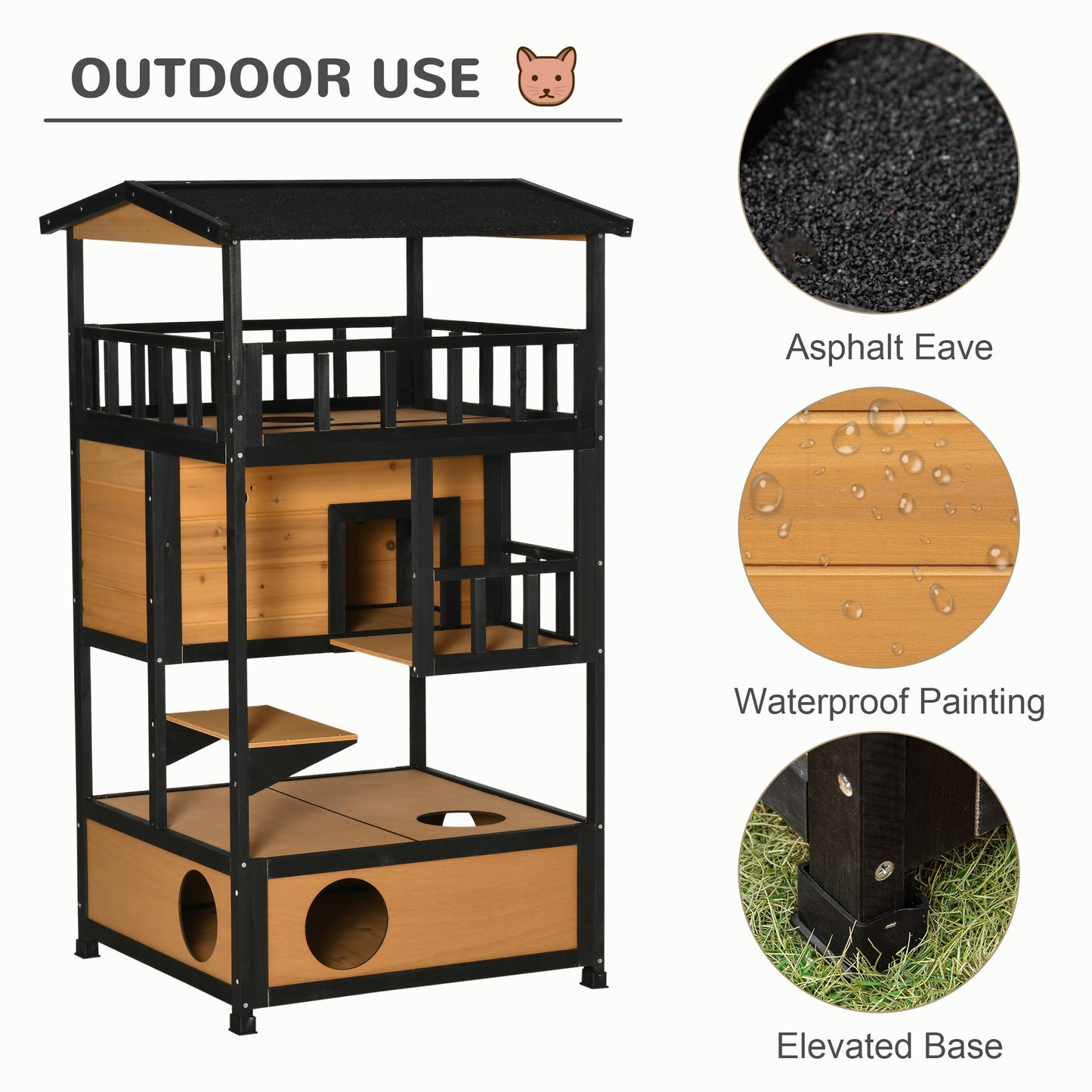 PawHut Wooden Outdoor Cat House, 3-Tier Cat Shelter with Tilted Roof, Terrace, Jump Step, Bottom Tray, Yellow
