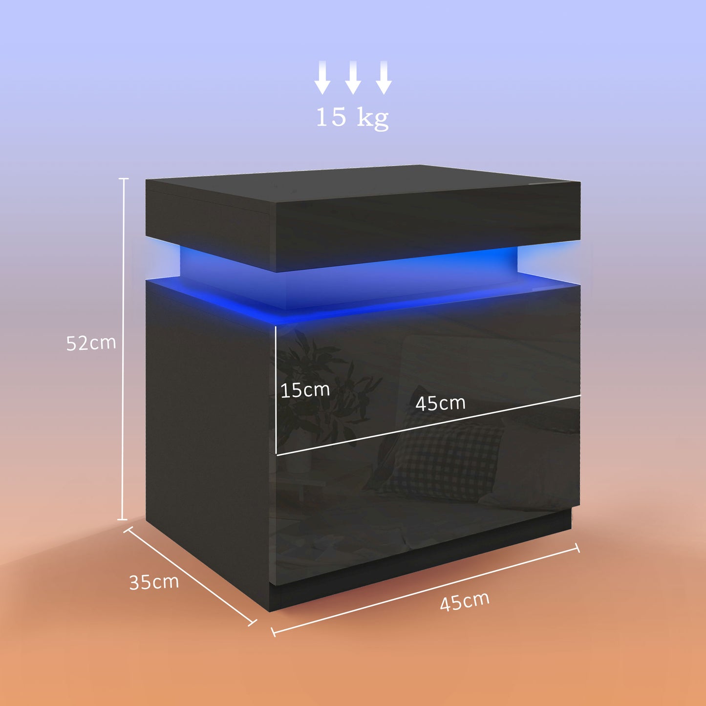 HOMCOM Black Bedside Table with LED Light, High Gloss Front Nightstand with 2 Drawers, for Living Room, Bedroom