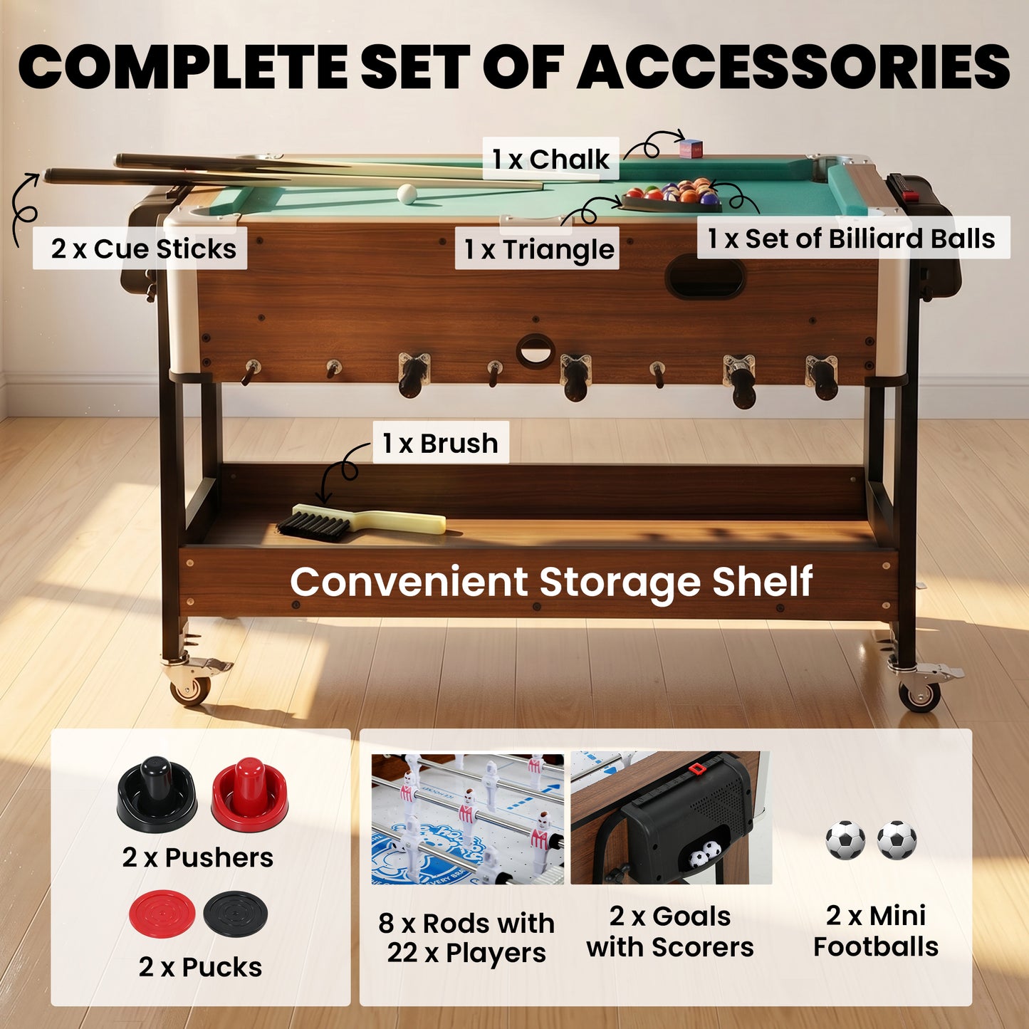 SPORTNOW 3 in 1 Multi Game Table, 3.4ft Reversible Air Hockey Pool Football Games Table with Lockable Wheels, Storage Shelf